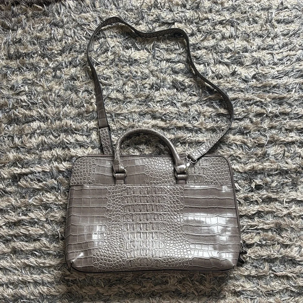 Bueno Croc-Embossed Structured Satchel in Taupe, Silver Hardware, Laptop, Unisex